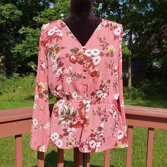 A.N.A Floral Peplum Blouse | Pink Long Sleeve | Size Small - Picture 4 of 15